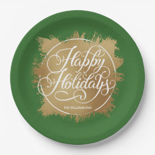 Prato De Papel Faux Foil Happy Holidays Dourado Verde