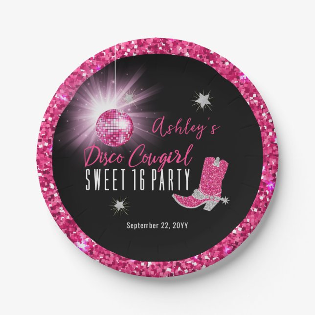 Prato De Papel Faux Glitter Pink Disco Cowgirl Sweet 16 Party (Frente)