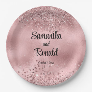 Prato De Papel Faux Pink Glitter e Foil Wedes