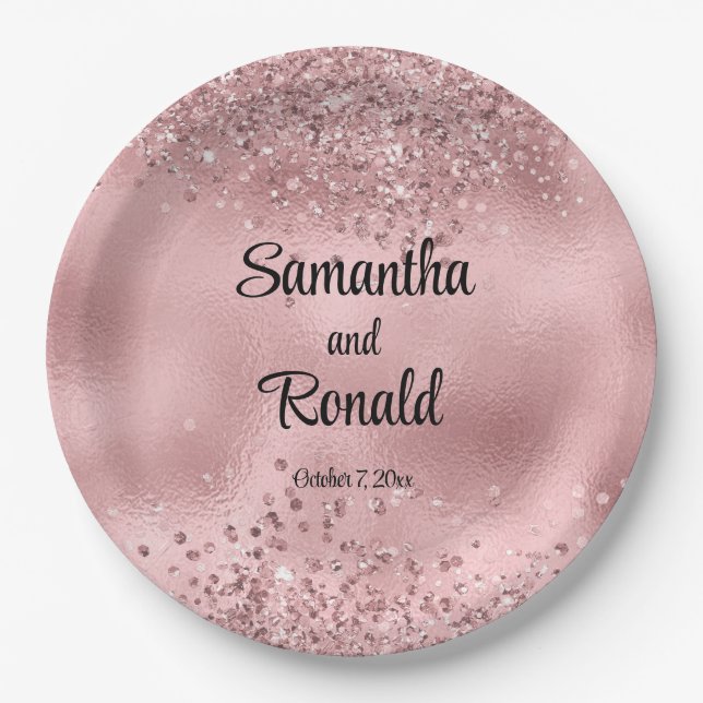 Prato De Papel Faux Pink Glitter e Foil Wedes (Frente)