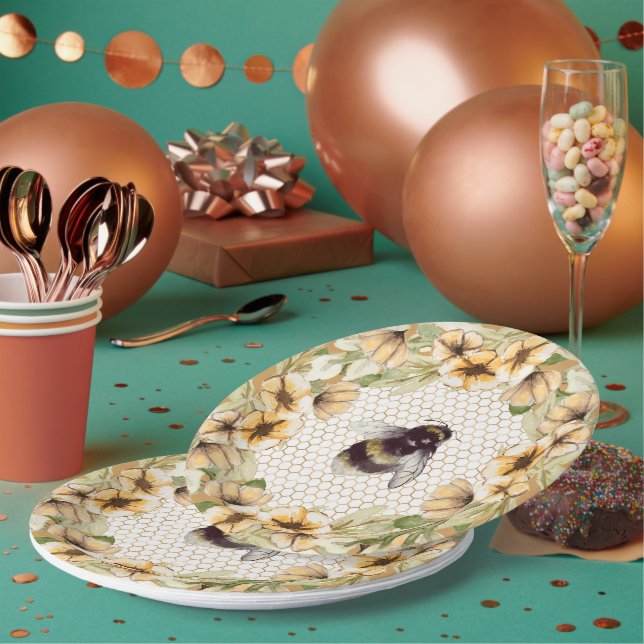Prato De Papel Favo de mel e floral de abelha fofa (Múltiplo)