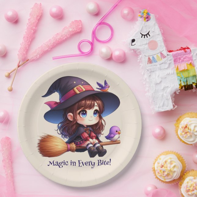 Prato De Papel Feiticeira Bonita Adorável com 2 pássaros, Hallowe (Festa)