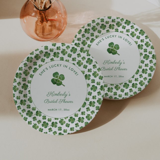 Prato De Papel Felicidade no Amor Festa de Noivado do Dia de São  (Watercolor four leaf clover lucky in love St Patrick's day bridal shower party paper plates)