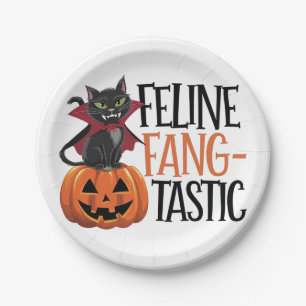 Prato De Papel Feline Fang-tastic Halloween Vamire Cat Design