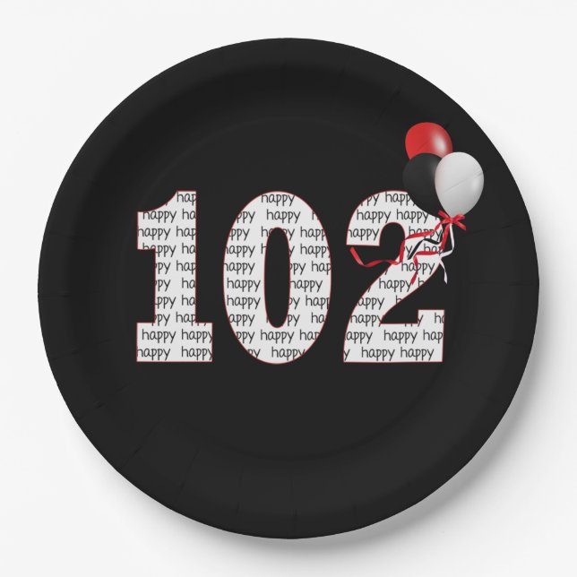 Prato De Papel Feliz 102º Aniversário Em Papel Preto (Frente)