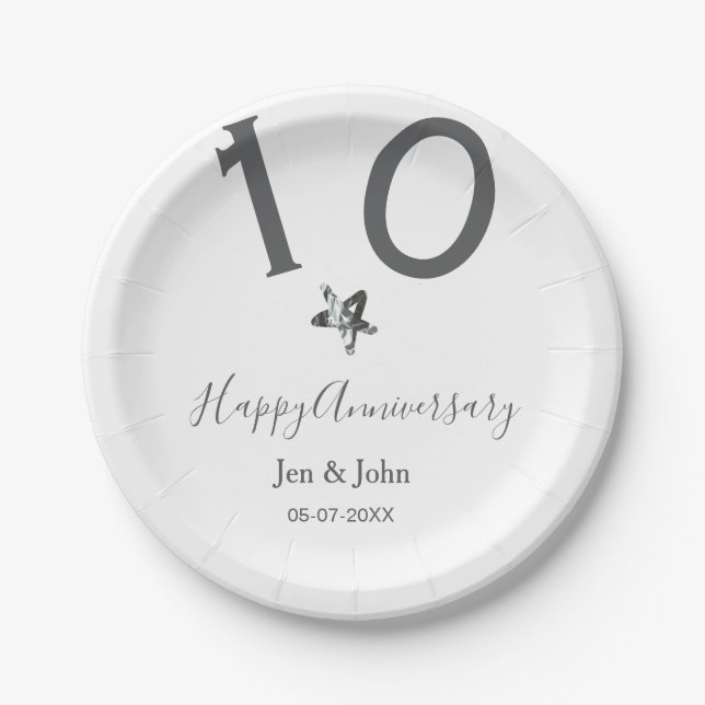 Prato De Papel Feliz 10.º aniversário nome data cinza estrela de  (Frente)