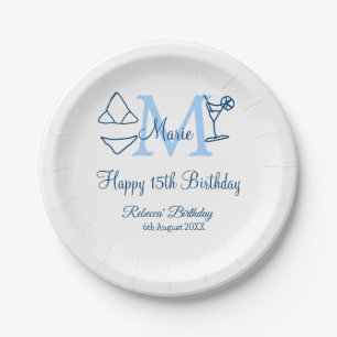Prato De Papel Feliz 15 de Aniversário azul adicione nome monogra