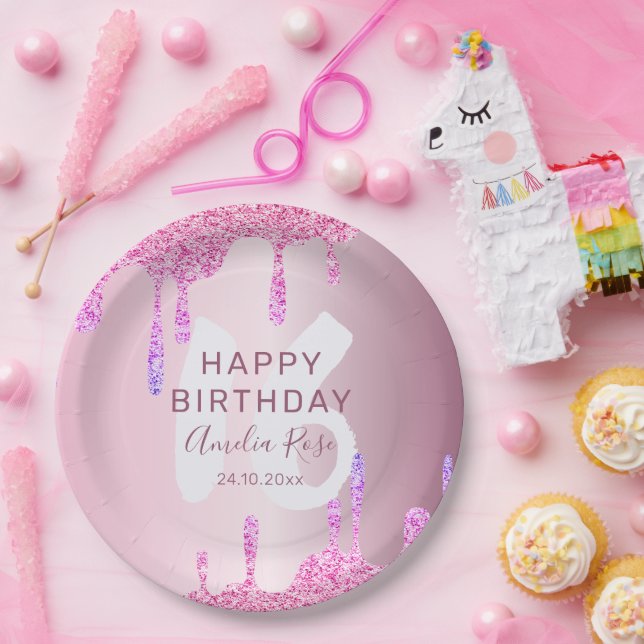 Prato De Papel Feliz 16.º Aniversário Glitter Glitter Pia Metálic (Festa)