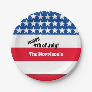Prato De Papel Feliz 4 de julho American Flag Add Family Name Pa