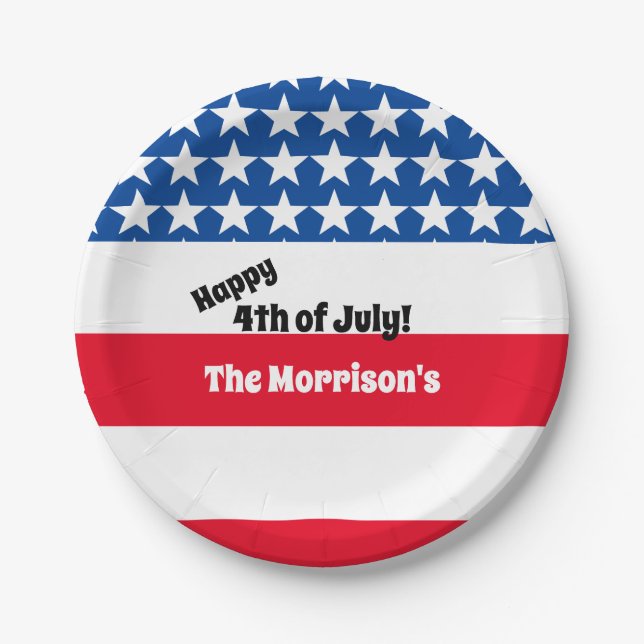 Prato De Papel Feliz 4 de julho American Flag Add Family Name Pa (Frente)