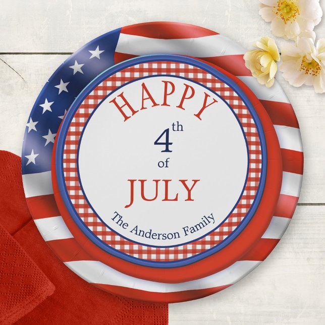 Prato De Papel Feliz 4 de julho: Placas de Papel no Dia da Indepe (Paper plate featuring a barbecue and American flag design for 4th of July or patriot celebrations)