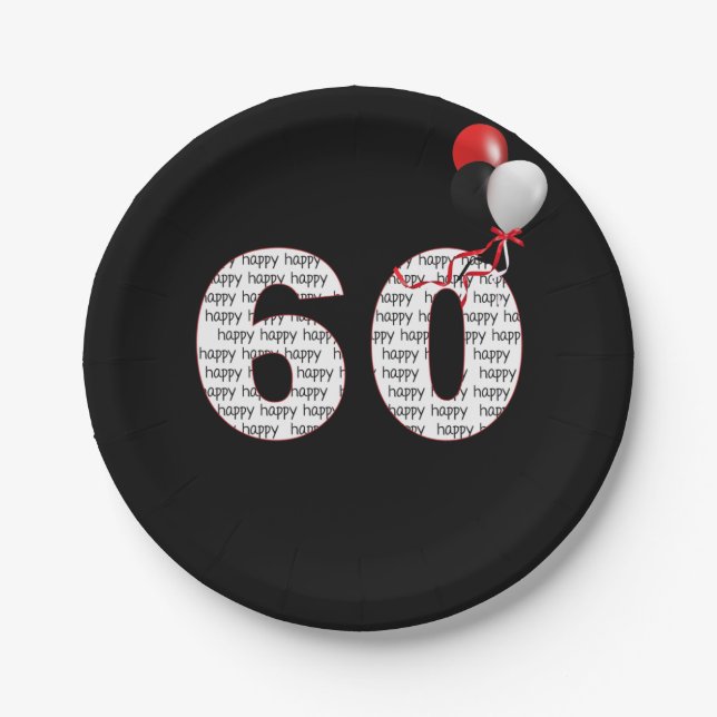 Prato De Papel Feliz 60º aniversário em preto (Frente)