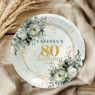 Prato De Papel Feliz 80º Aniversário Placa Botânica de Eucalipto