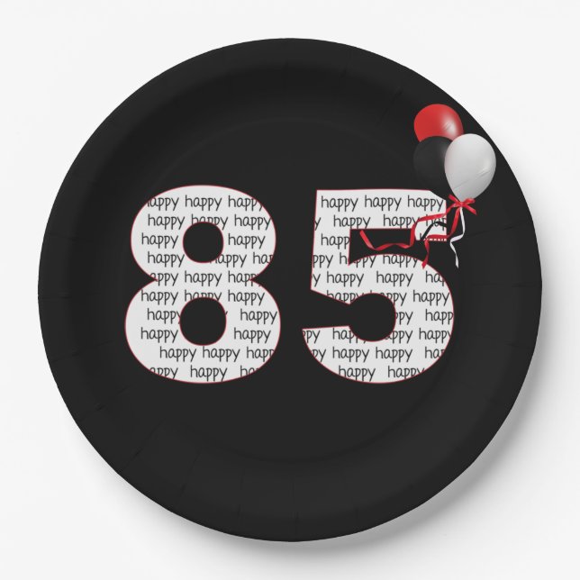 Prato De Papel Feliz 85.º Aniversário Na Placa De Papel Preto (Frente)