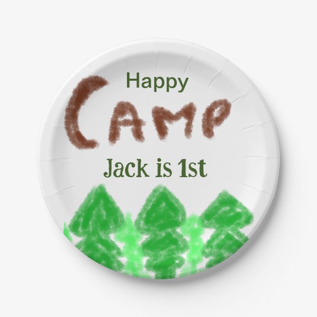 Prato De Papel Feliz acampamento de aniversários crianças árvores (Frente)