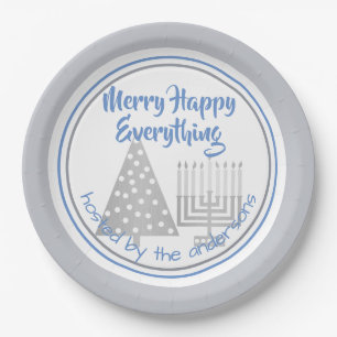 Prato De Papel Feliz alegre azul tudo partido Chrismukkah