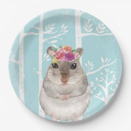 Prato De Papel Feliz Animal com Flores em Floresta Azul-Hamster