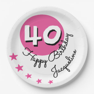 Prato De Papel Feliz Aniversário 40º Nome Personalizado Rosa