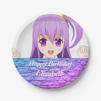 Prato De Papel Feliz aniversário, anime roxo rosa, menina kawaii