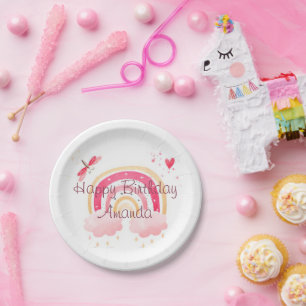 Prato De Papel Feliz Aniversário arco-íris rosa personalizado