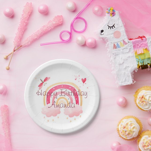 Prato De Papel Feliz aniversário, arco-íris rosa, personalizado (Festa)