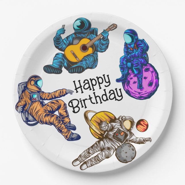 Prato De Papel Feliz Aniversário Astronauta  (Frente)
