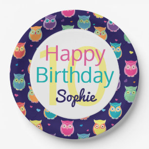 Prato De Papel Feliz Aniversário Azul Coruja Padrão Personaliza