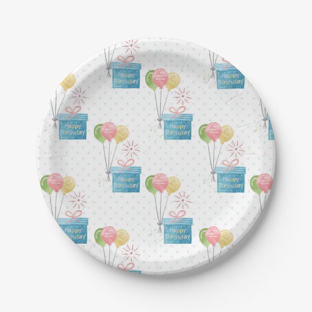 Prato De Papel Feliz Aniversário Balões e Caixa do Presente (Frente)