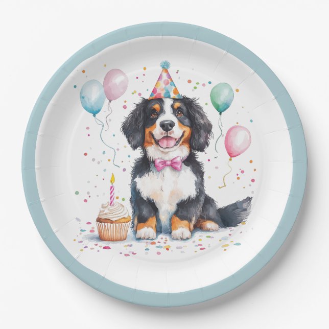 Prato De Papel Feliz Aniversário Bernese Mountain Dog (Frente)