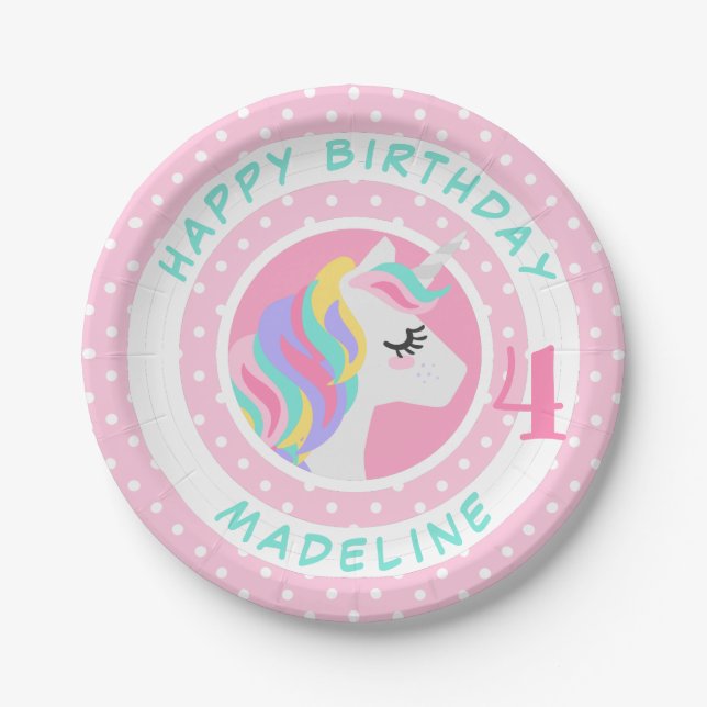 Prato De Papel Feliz aniversário | Bolinhas de Pastel Unicorn (Frente)