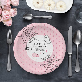 Prato De Papel Feliz Aniversário Bolo de Bolo do Fantasma Rosa, F