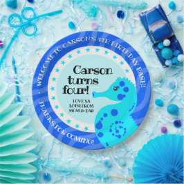 Prato De Papel Feliz Aniversário Bonito Cavalo Azul nas Ondas