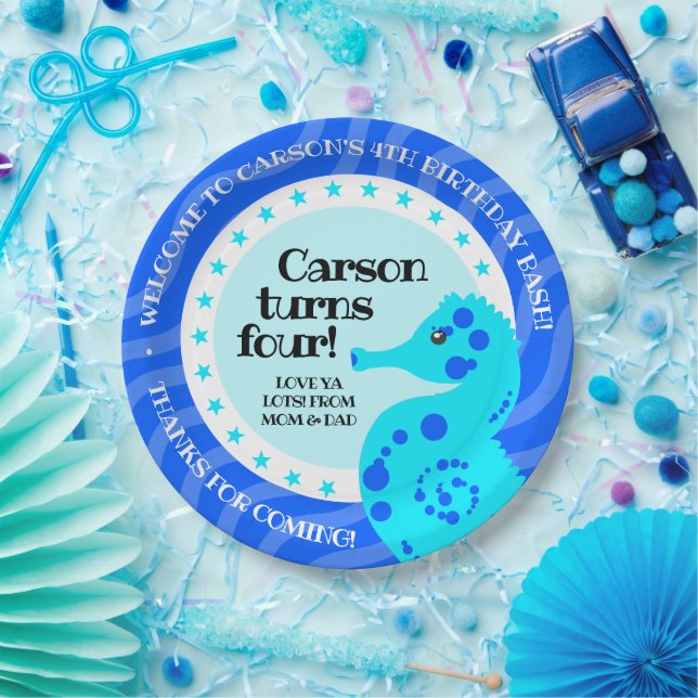 Prato De Papel Feliz Aniversário Bonito Cavalo Azul nas Ondas (Festa)