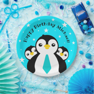 Prato De Papel Feliz Aniversário Bonito Pinguins Pescoços Azuis