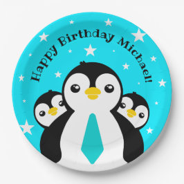 Prato De Papel Feliz Aniversário Bonito Pinguins Pescoços Azuis