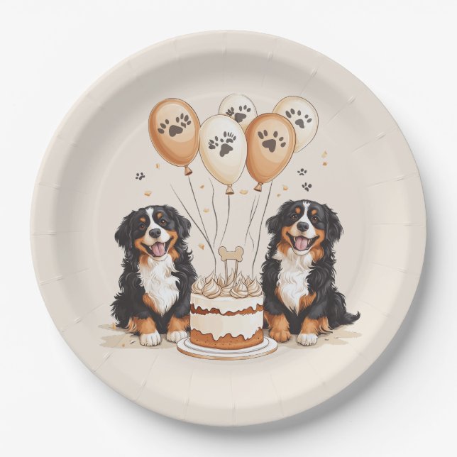 Prato De Papel Feliz Aniversário Cães de Montanha Bernese (Frente)