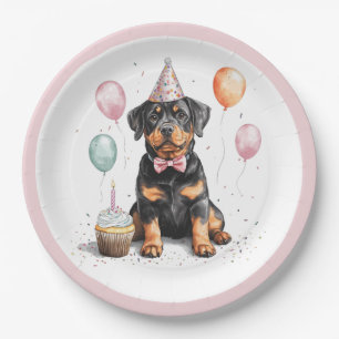 Prato De Papel Feliz Aniversário Cão Rottweiler