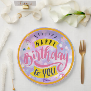 Prato De Papel Feliz Aniversário Colorido com Letra à Mão