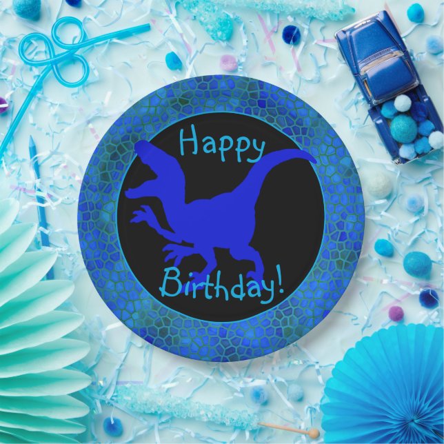 Prato De Papel Feliz aniversário Couro de Dinossauro Azul! (Festa)