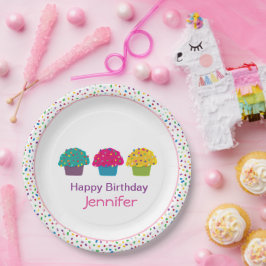 Prato De Papel Feliz Aniversário Cupcake Glacê Sprinkles Arco-Íri