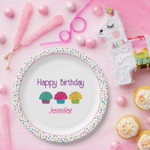 Prato De Papel Feliz aniversário Cupcakes Foscos Rainbow Sprinkle