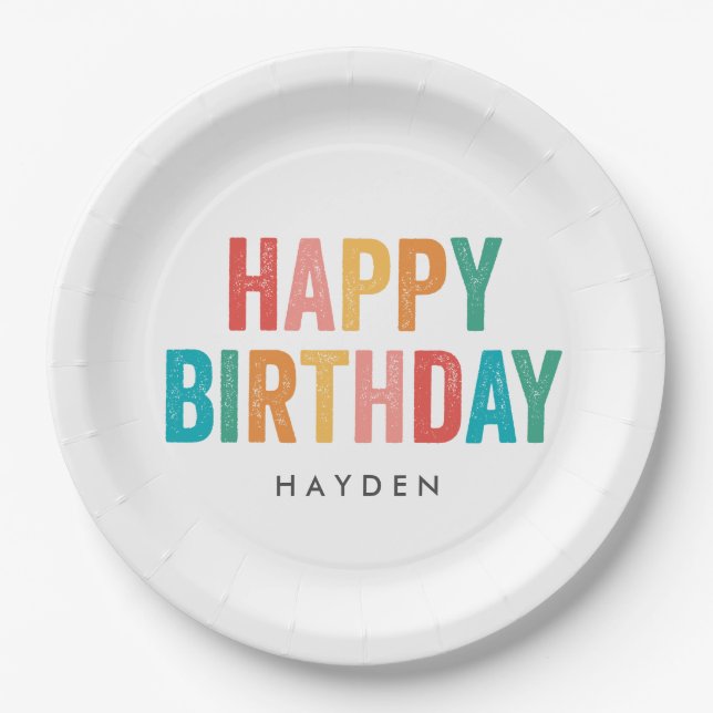 Prato De Papel Feliz aniversário da Festa de aniversário Rainbow  (Frente)