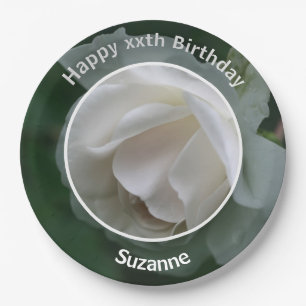 Prato De Papel Feliz Aniversário da Flor Branca Personalizada