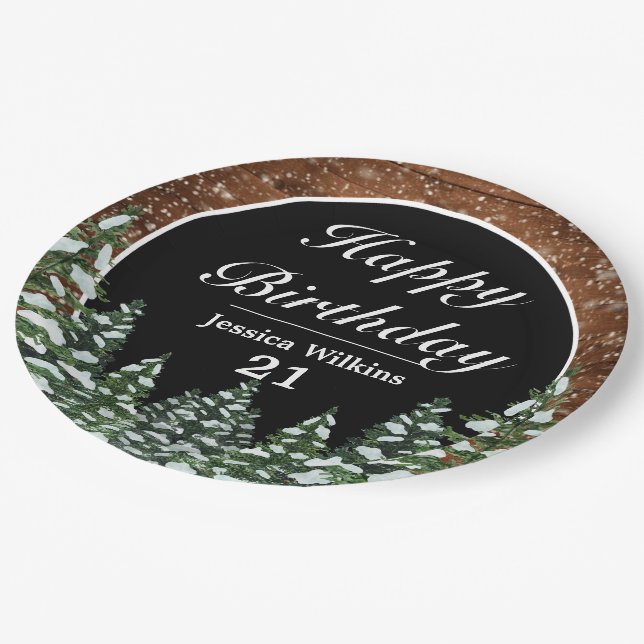 Prato De Papel Feliz Aniversário da Floresta Neve Negra (Inclinado)