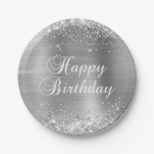 Prato De Papel Feliz Aniversário da Glittery Silver Foil