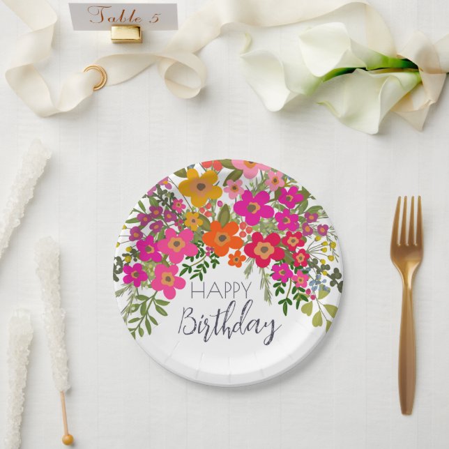 Prato De Papel Feliz Aniversário das Flores do Jardim de Verão (Casamento)