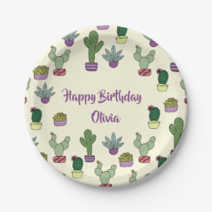Prato De Papel Feliz Aniversário das Plantas Suculentas de Cactu