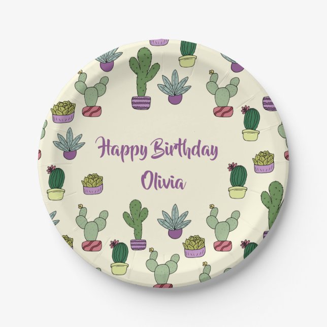 Prato De Papel Feliz Aniversário das Plantas Suculentas de Cactus (Frente)