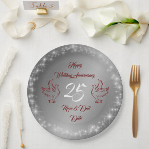 Prato De Papel Feliz Aniversário de 25 Silver Sparkly Personaliz