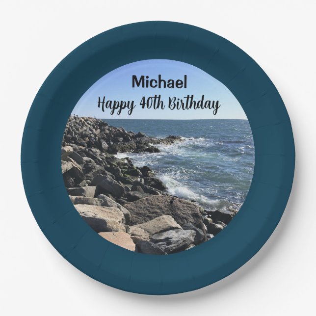 Prato De Papel Feliz aniversário de 40 anos Foto do Oceano Azul P (Frente)